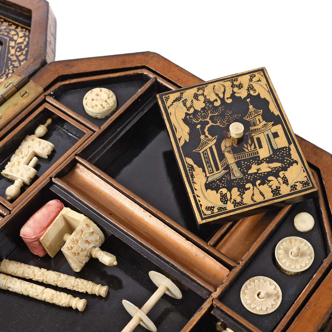 Contents Detail From Chinoiserie Lacquer Sewing Box - Qing Dynasty Early 19thC | Indigo Antiques