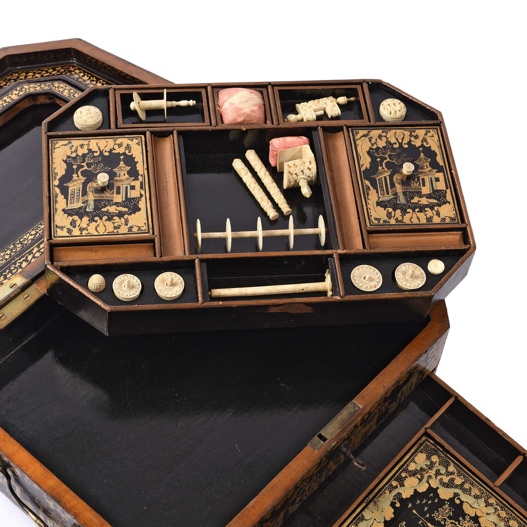 Compartmental Detail From Chinoiserie Lacquer Sewing Box - Qing Dynasty Early 19thC | Indigo Antiques