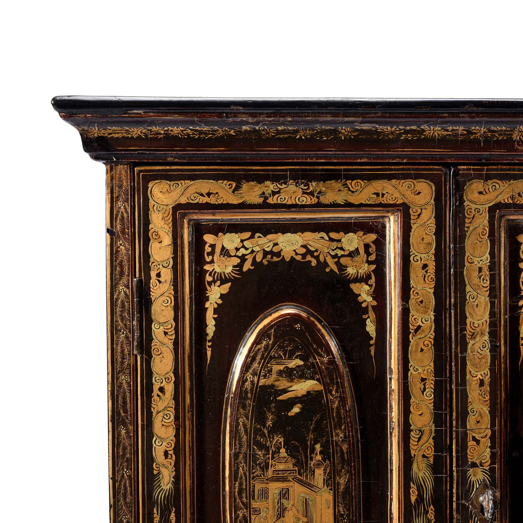 Corner Detail From Gilt Black Lacquer Jewellery Cabinet - Early 19thC | Indigo Antiques