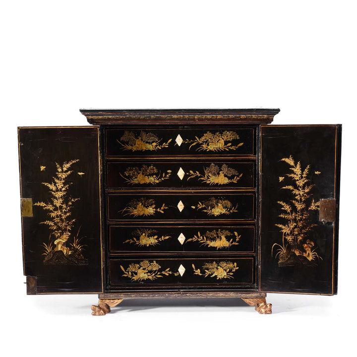 Open Doors View Of Gilt Black Lacquer Jewellery Cabinet - Early 19thC | Indigo Antiques