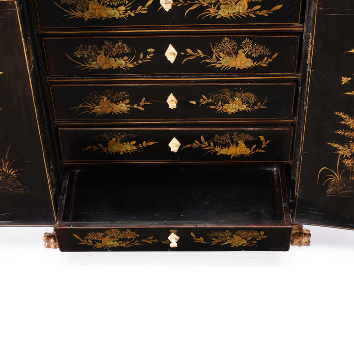 Open Drawers View Of Gilt Black Lacquer Jewellery Cabinet - Early 19thC | Indigo Antiques