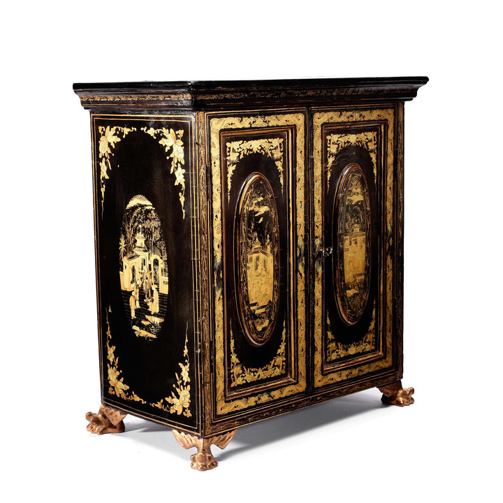 Angled View Of Gilt Black Lacquer Jewellery Cabinet - Early 19thC | Indigo Antiques