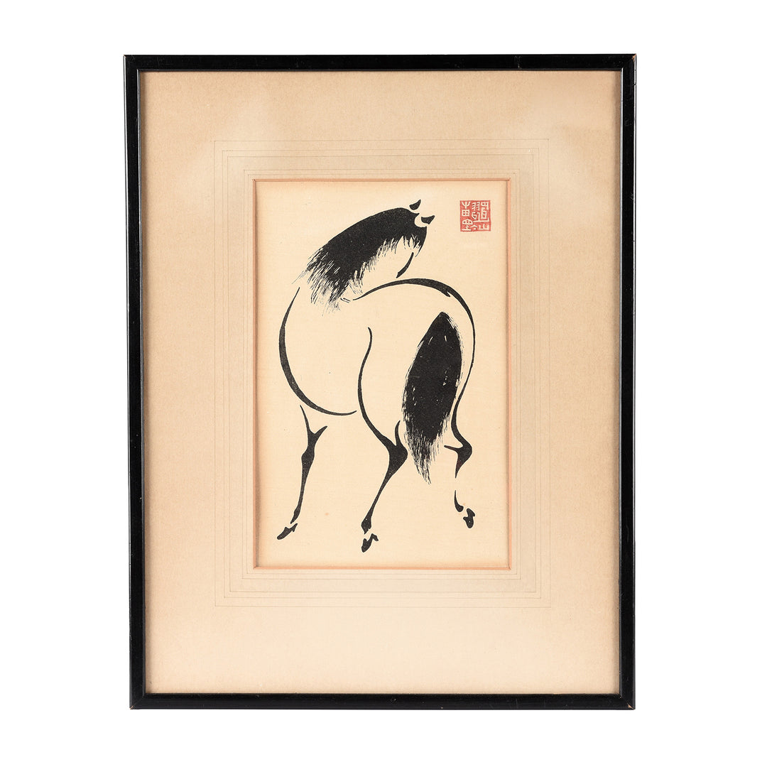Framed Horses Woodblock Print By Wakyosai - Ca 1950 | Indigo Antiques