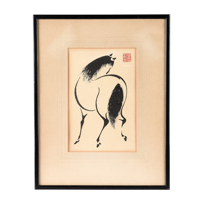 Framed Horses Woodblock Print By Wakyosai - Ca 1950 | Indigo Antiques