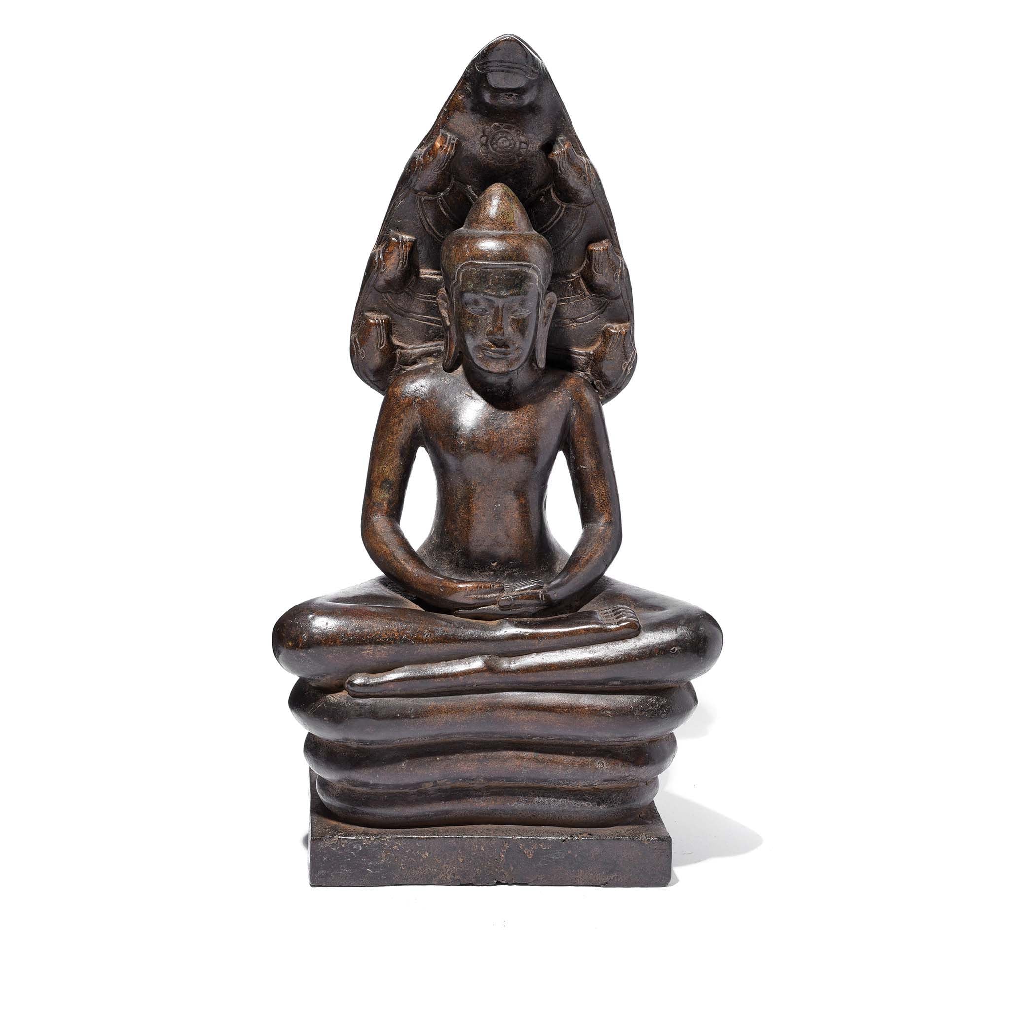 Bronze Naga Buddha From Khmer, Cambodia - 19thC