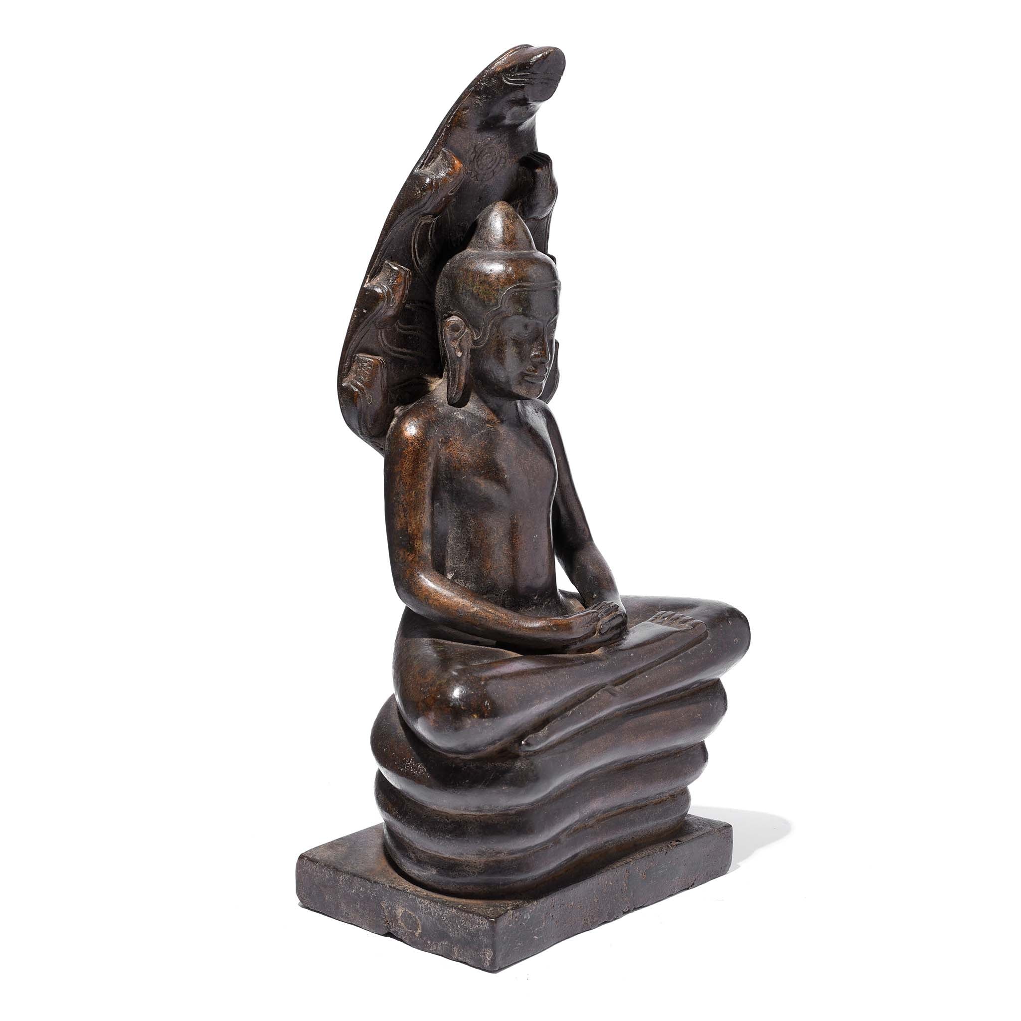 Angled View Of Bronze Naga Buddha From Khmer, Cambodia - 19thC