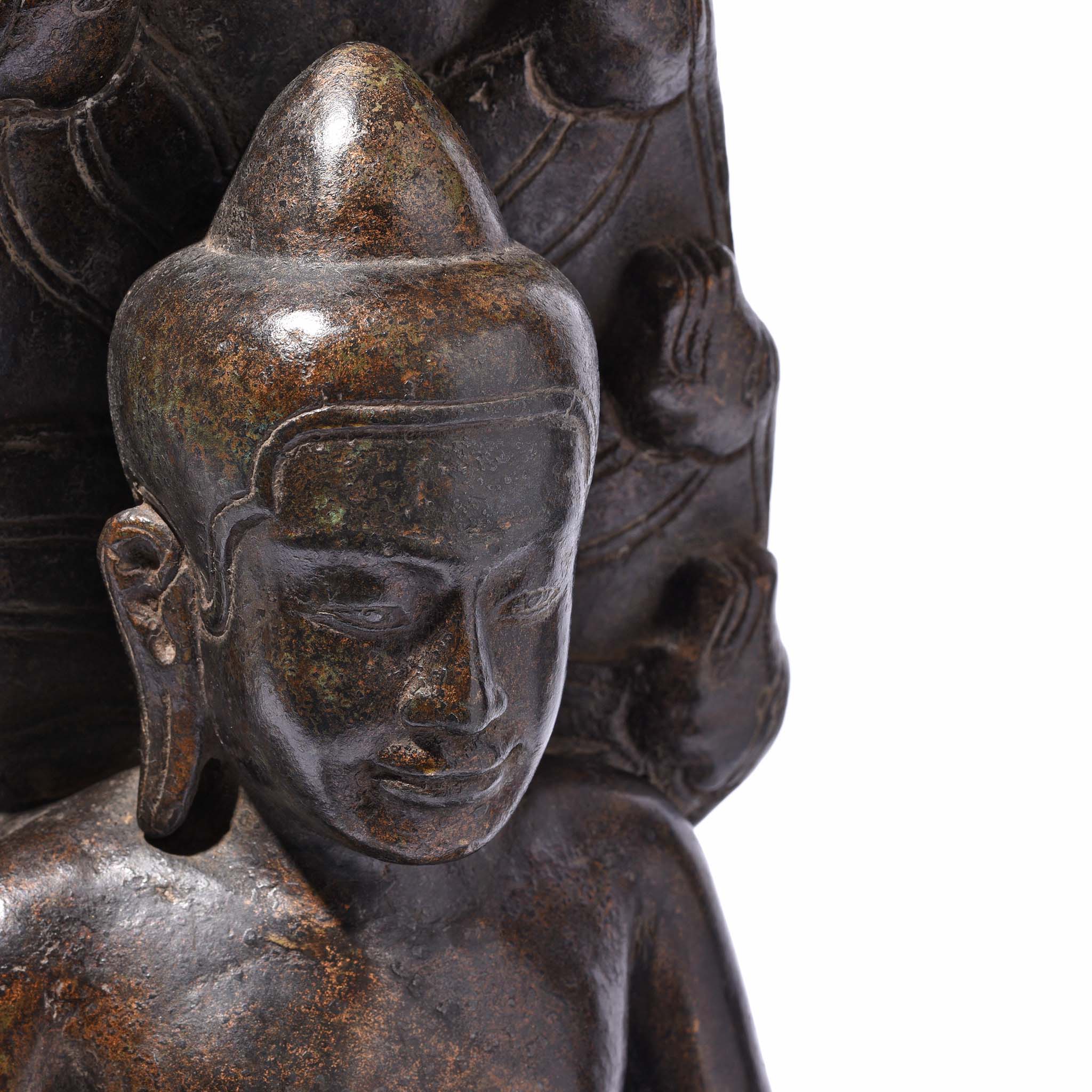 Face Detail From Bronze Naga Buddha From Khmer, Cambodia - 19thC