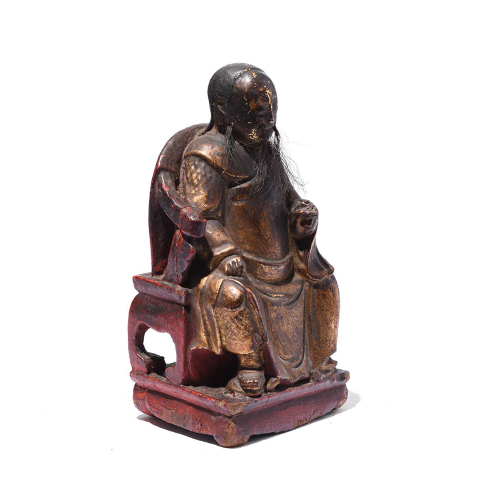 Angled VIew Of Seated Chinese Ancestor Figure - Horse Hair Beard - 19thC | Indigo Antiques