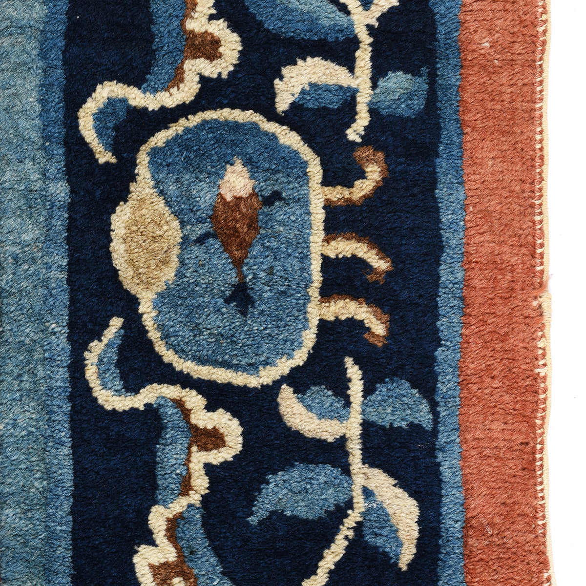 Fish Detail From Antique Blue And Red Tibetan Saddle Rug - Ca 1920's | Indigo Antiques