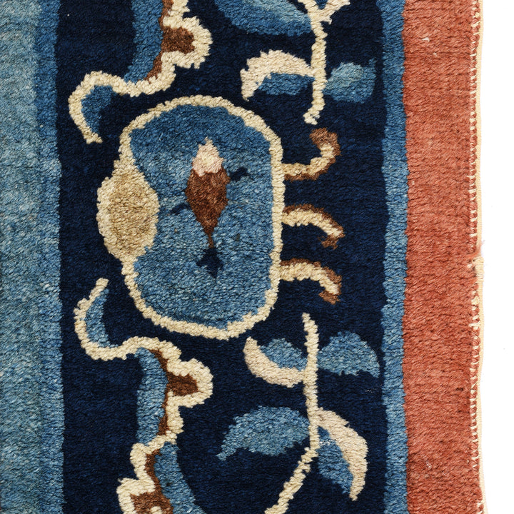 Fish Detail From Antique Blue And Red Tibetan Saddle Rug - Ca 1920's | Indigo Antiques