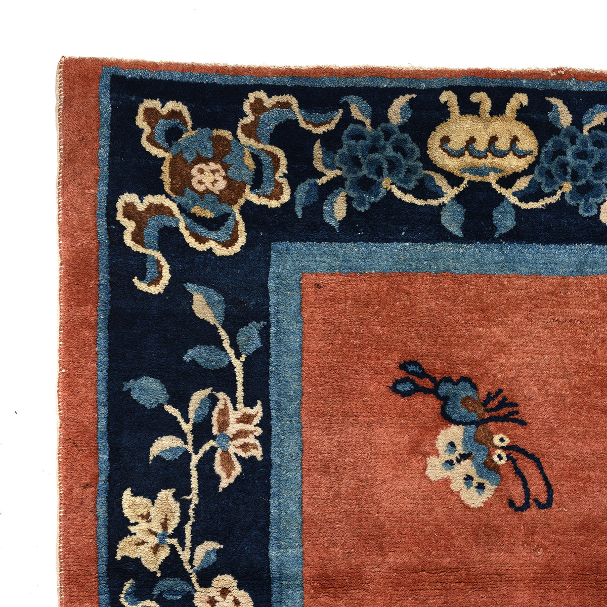 Corner Detail From Antique Blue And Red Tibetan Saddle Rug - Ca 1920's | Indigo Antiques