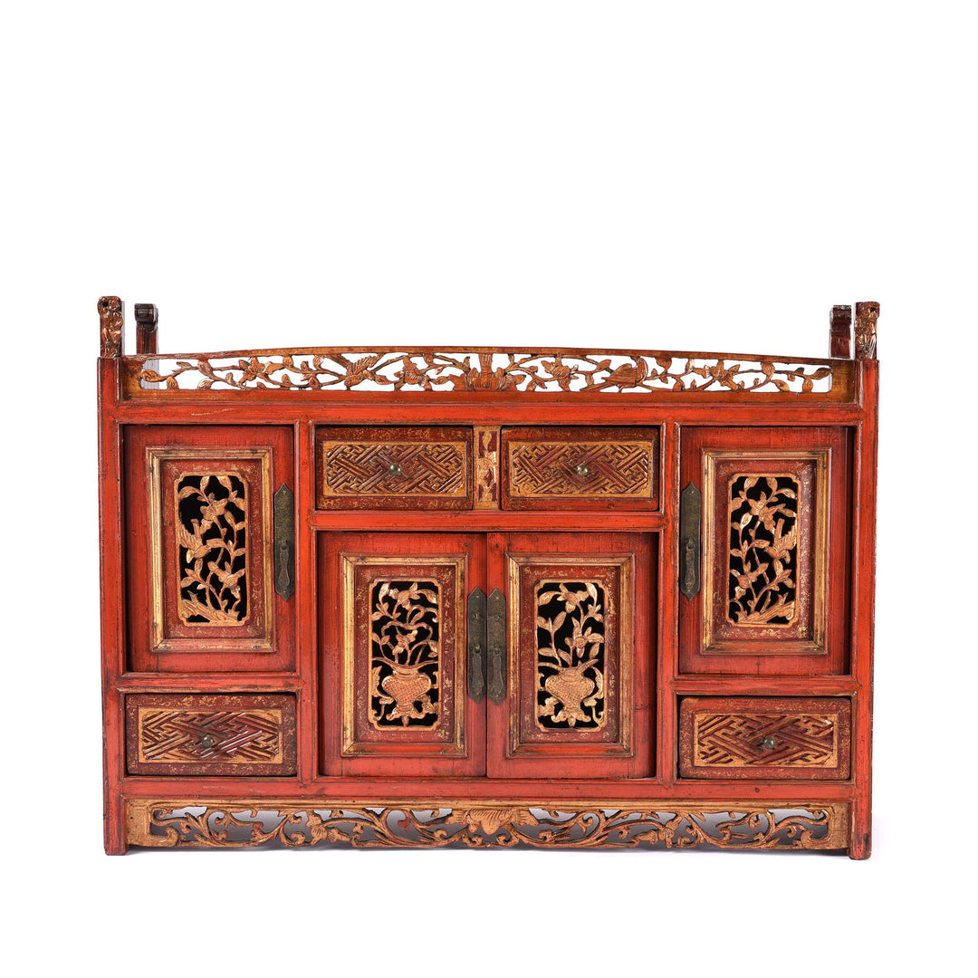 Red Lacquer Carved Altar Cabinet from Fujian Province - 19thC | Indigo Antiques