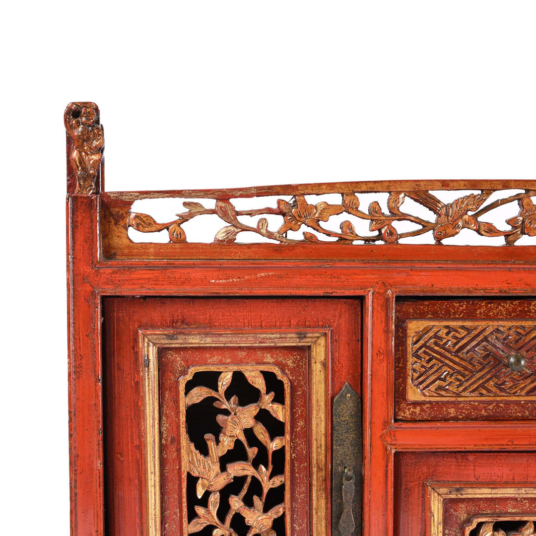 Corner Detail From Red Lacquer Carved Altar Cabinet from Fujian Province - 19thC | Indigo Antiques