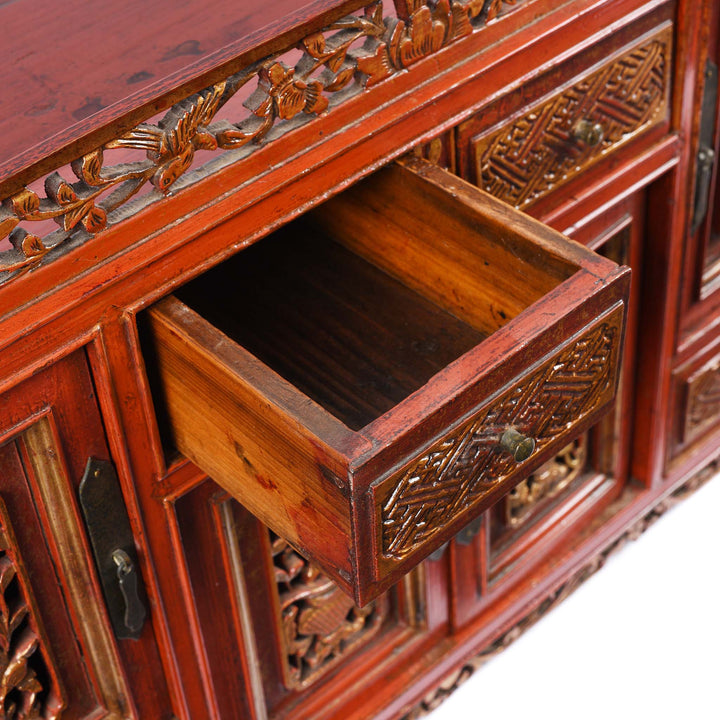 Open Drawer Detail From Red Lacquer Carved Altar Cabinet from Fujian Province - 19thC | Indigo Antiques