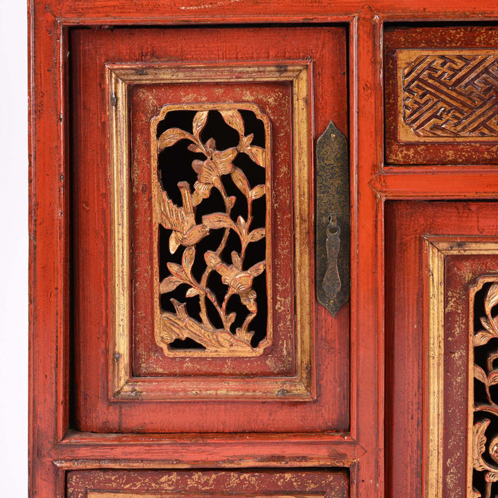 Carving Detail From Red Lacquer Carved Altar Cabinet from Fujian Province - 19thC | Indigo Antiques