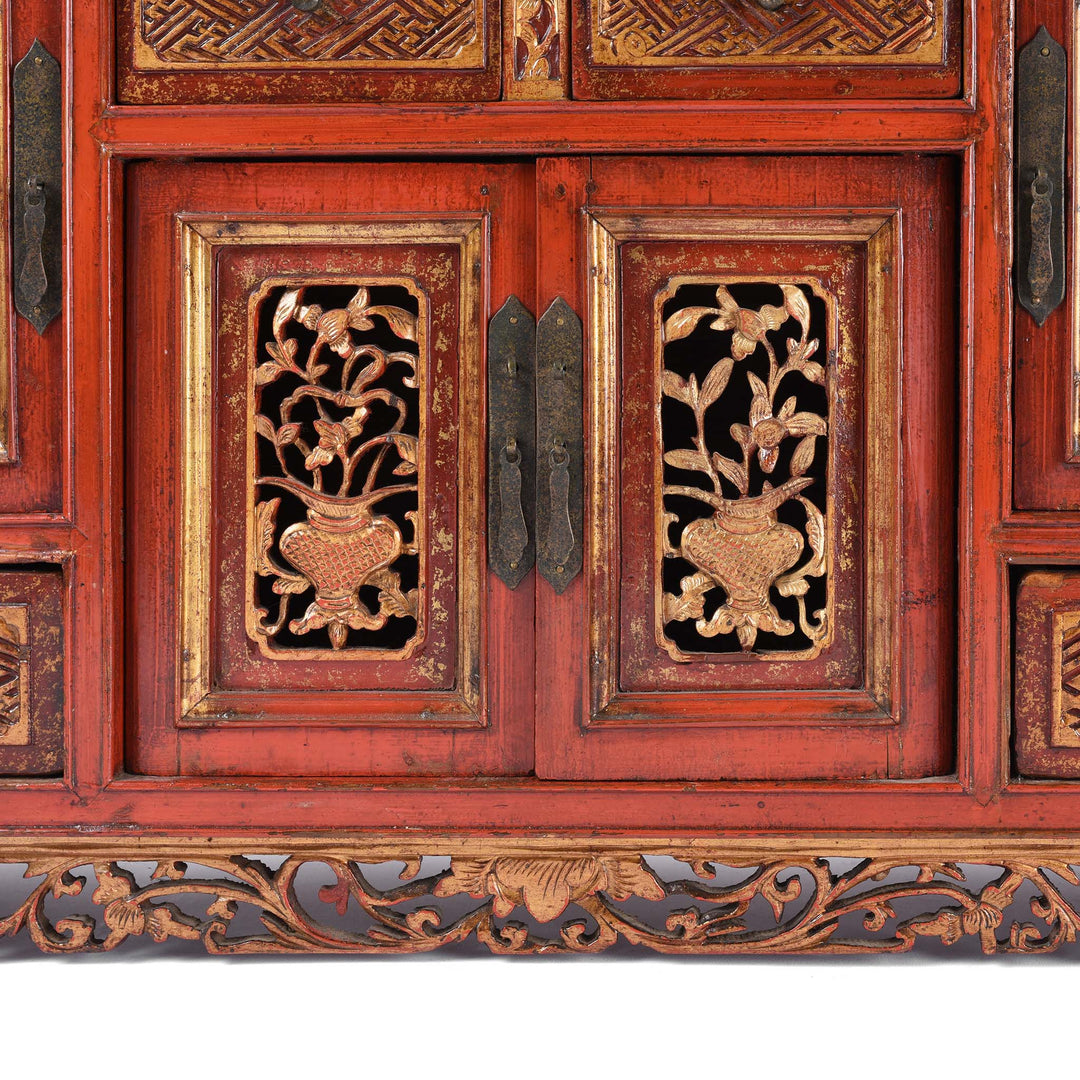 Doors Detail From Red Lacquer Carved Altar Cabinet from Fujian Province - 19thC | Indigo Antiques