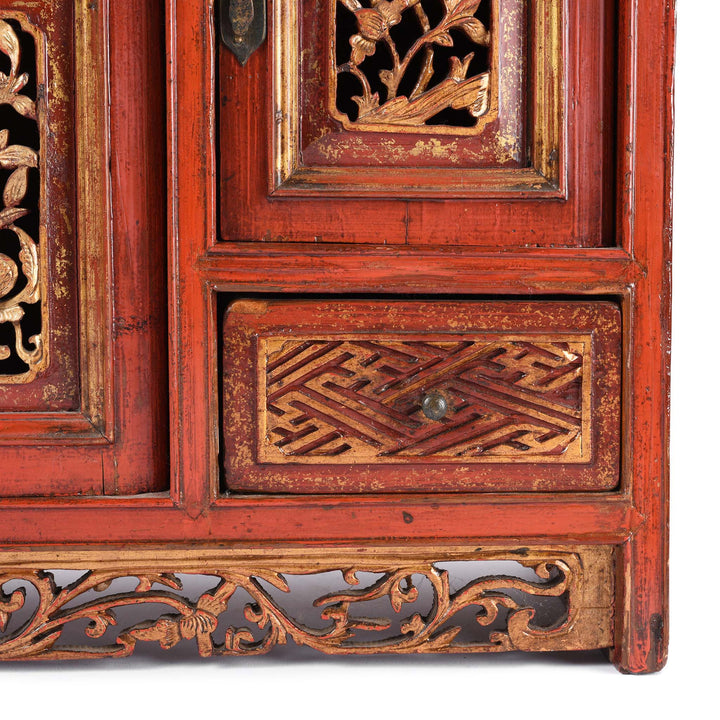 Drawer Detail From Red Lacquer Carved Altar Cabinet from Fujian Province - 19thC | Indigo Antiques