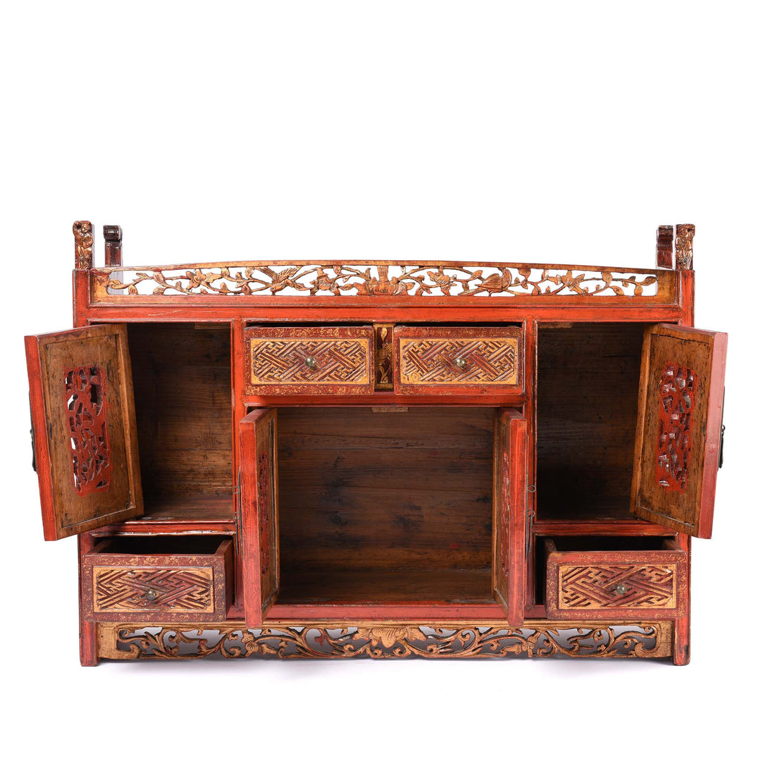 Open Doors View Of Red Lacquer Carved Altar Cabinet from Fujian Province - 19thC | Indigo Antiques