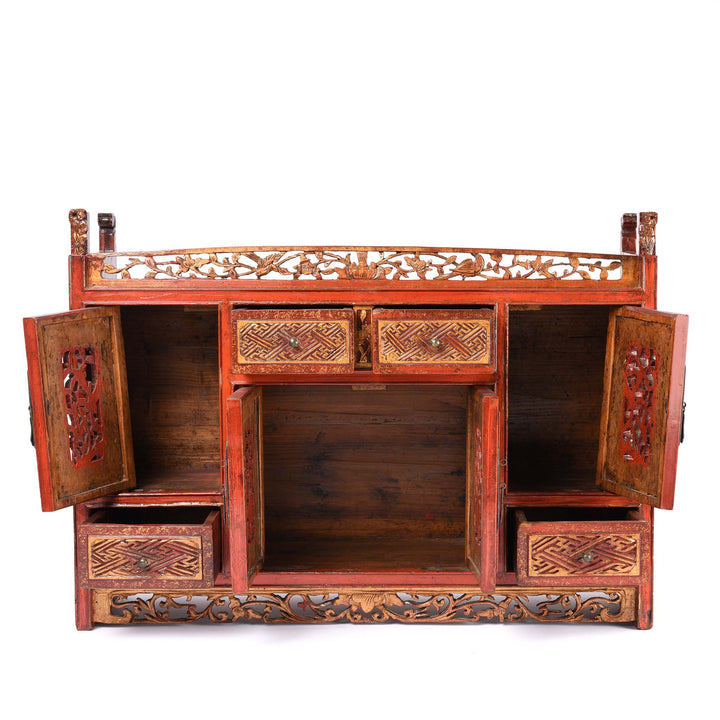 Open Doors View Of Red Lacquer Carved Altar Cabinet from Fujian Province - 19thC | Indigo Antiques