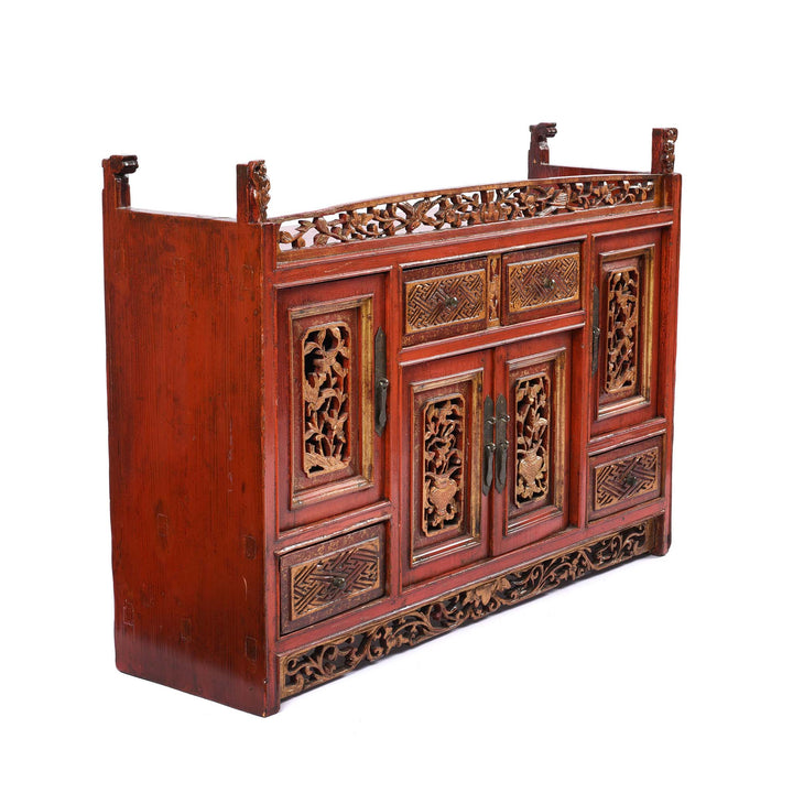Angled View Of Red Lacquer Carved Altar Cabinet from Fujian Province - 19thC | Indigo Antiques