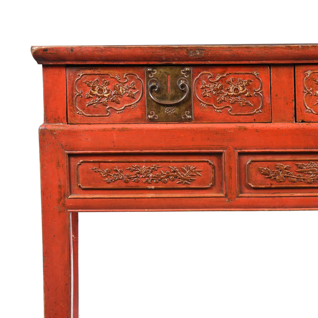 Corner Detail From Red Lacquer Oak Altar Table From Fujian Province  - Late 19thC | Indigo Antiques