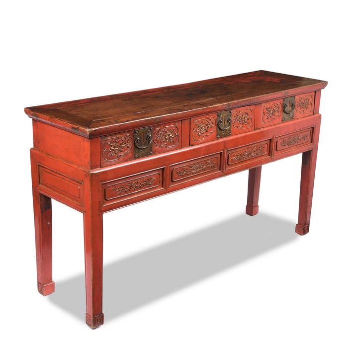 Angled View Of Red Lacquer Oak Altar Table From Fujian Province  - Late 19thC | Indigo Antiques