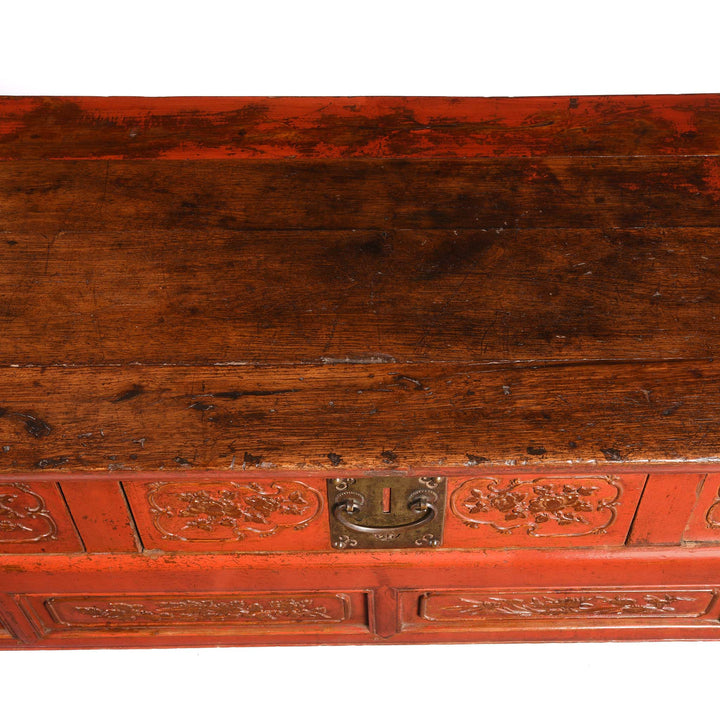 Surface Of Red Lacquer Oak Altar Table From Fujian Province  - Late 19thC | Indigo Antiques