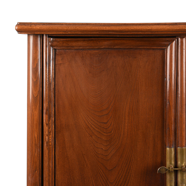 Corner Detail From Antique Chinese Red Elm Tapered Cabinet - Qing Dynasty | Indigo Antiques