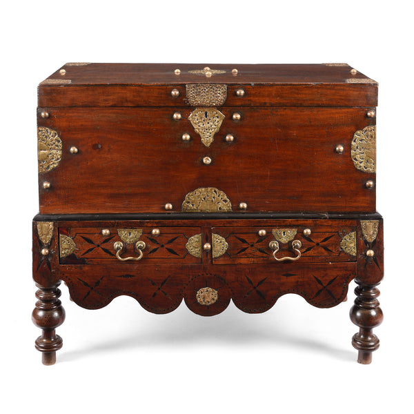 Indo-Dutch Jackfruit Wood & Brass Chest on Stand -18thC