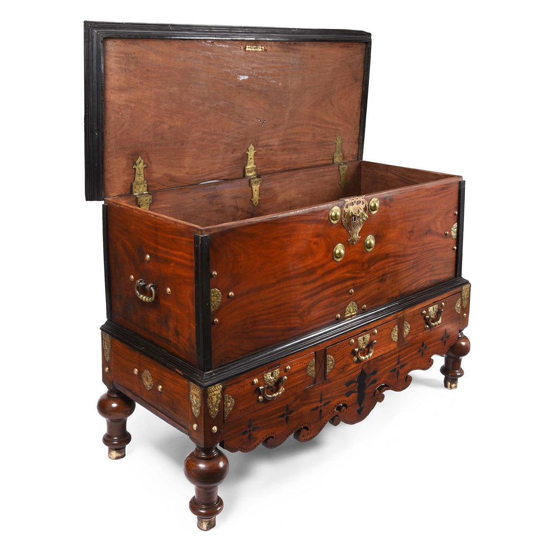 Open Lid View Of Indo-Dutch  Jackfruit Wood & Brass Chest on Stand -18thC