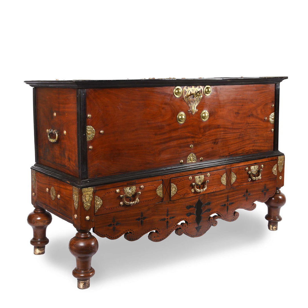 Angled View Of Indo-Dutch  Jackfruit Wood & Brass Chest on Stand -18thC