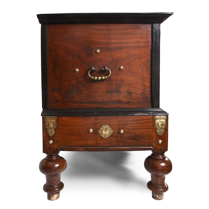 Side View Of Indo-Dutch  Jackfruit Wood & Brass Chest on Stand -18thC