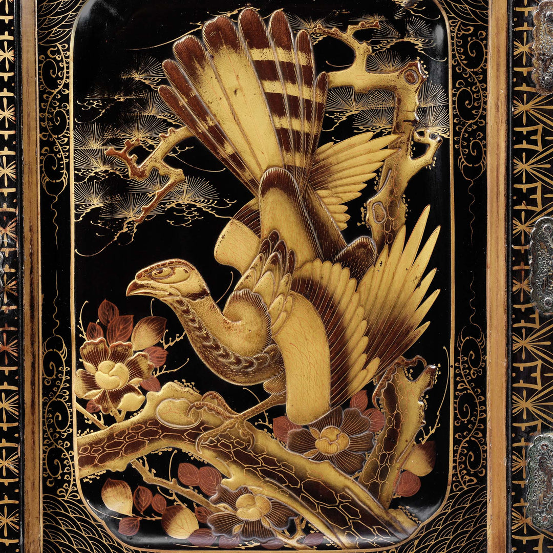 Bird Detail From Gilt Black Lacquer Kodansu From Japan - Meiji Period | Indigo Antiques