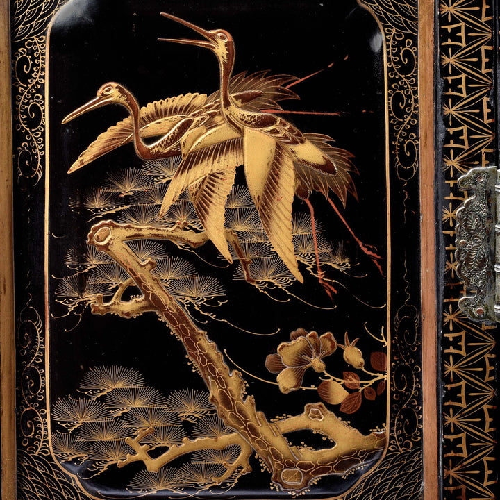 Cranes Detail From Gilt Black Lacquer Kodansu From Japan - Meiji Period | Indigo Antiques