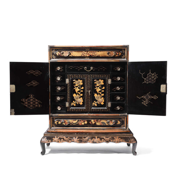 Gilt Japanese Black Lacquer Kodansu Jewellery Cabinet - Meiji Period