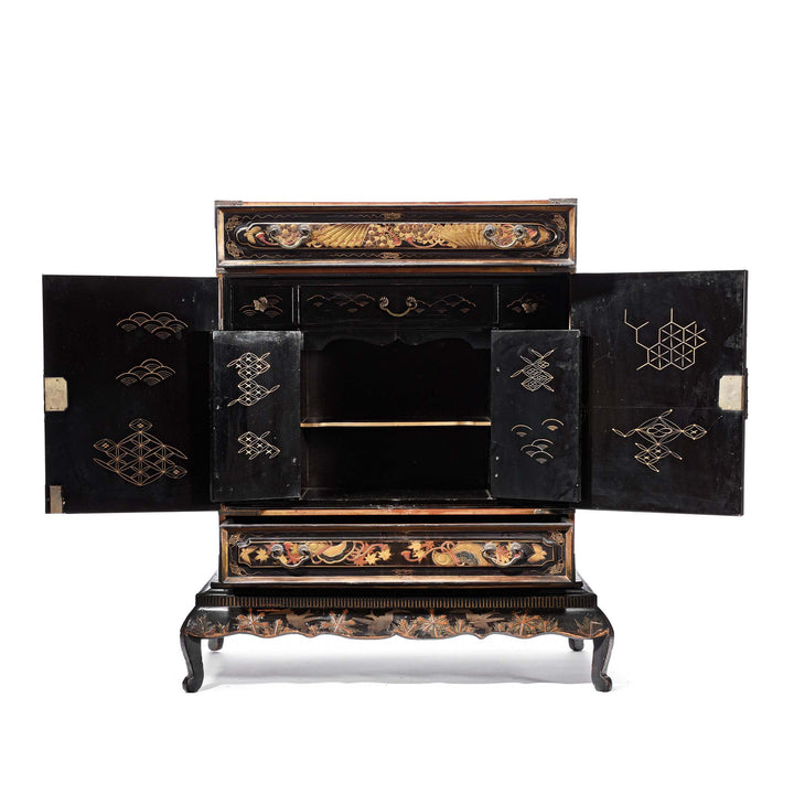 Open Doors Detail From Gilt Black Lacquer Kodansu From Japan - Meiji Period | Indigo Antiques