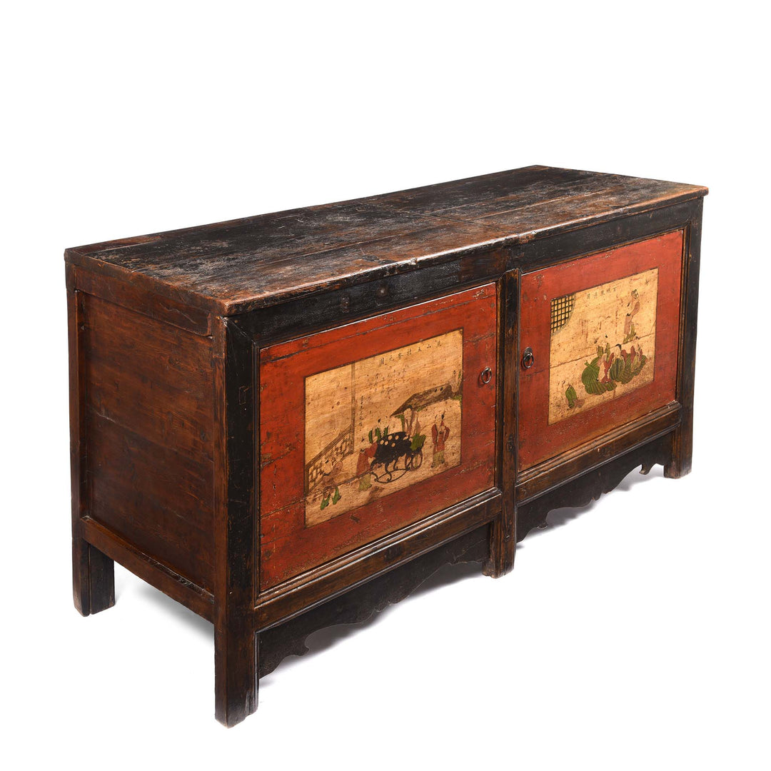 Angled View Of Mongolian Sideboard with Original Painting 19thC | Indigo Antiques