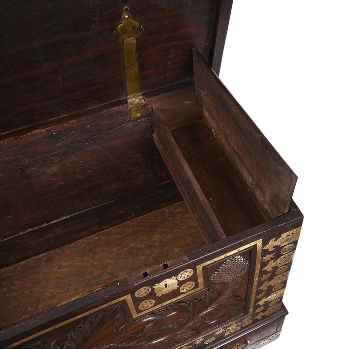 Interior Of Carved Rosewood & Brass Bound Chest From Kutch - 19thC | Indigo Antiques