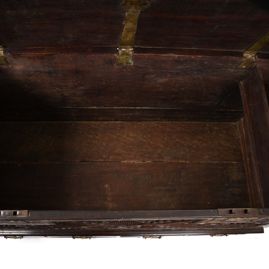 Interior Of Carved Rosewood & Brass Bound Chest From Kutch - 19thC | Indigo Antiques