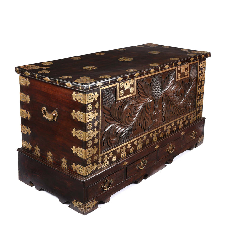 Angled View Of Carved Rosewood & Brass Bound Chest From Kutch - 19thC | Indigo Antiques