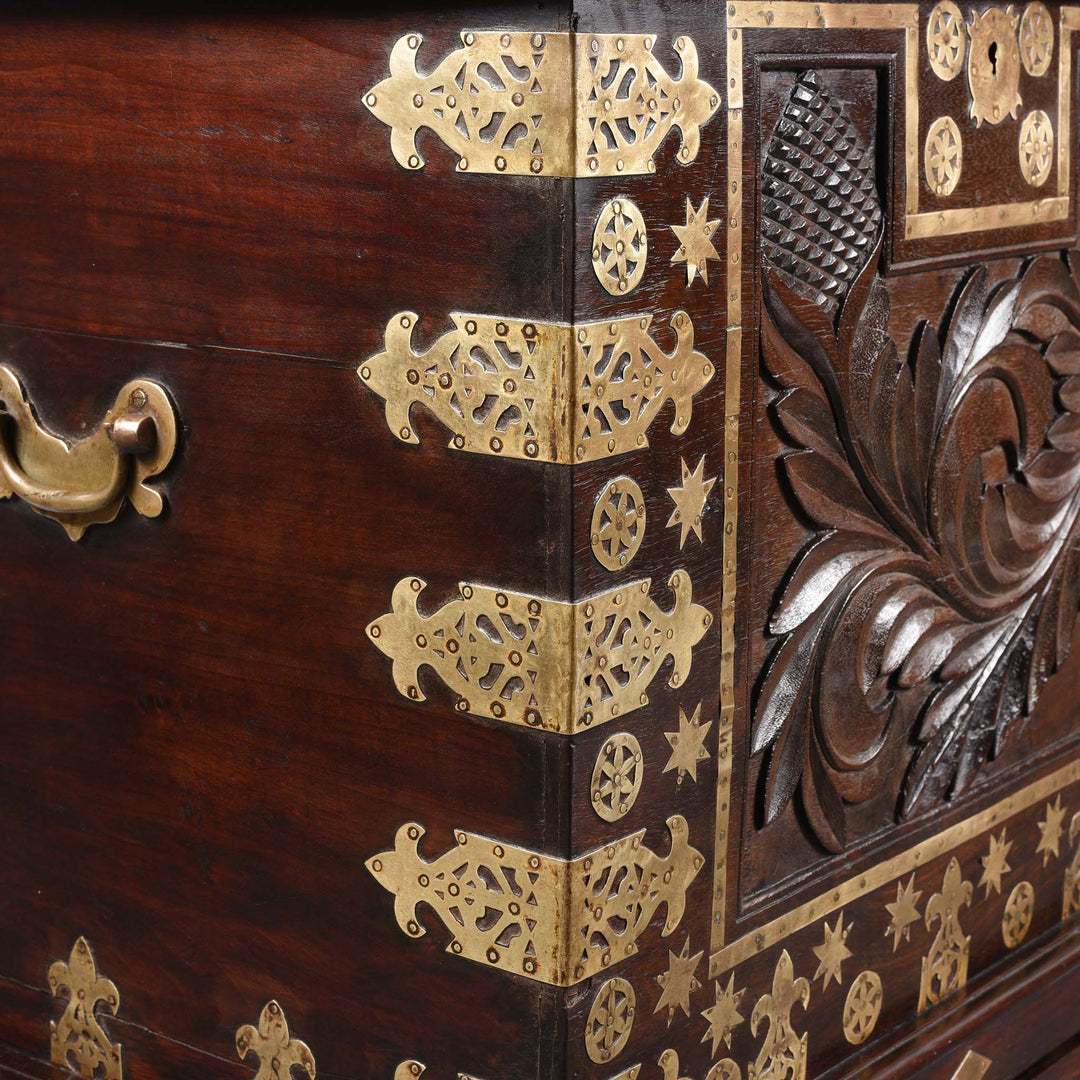 Corner Binding Detail From Carved Rosewood & Brass Bound Chest From Kutch - 19thC | Indigo Antiques