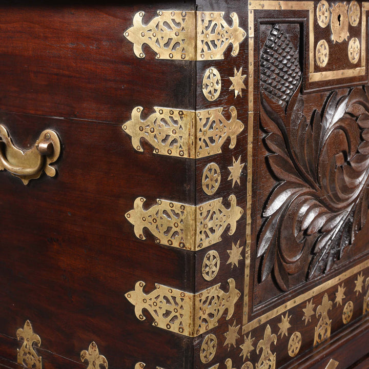 Corner Binding Detail From Carved Rosewood & Brass Bound Chest From Kutch - 19thC | Indigo Antiques