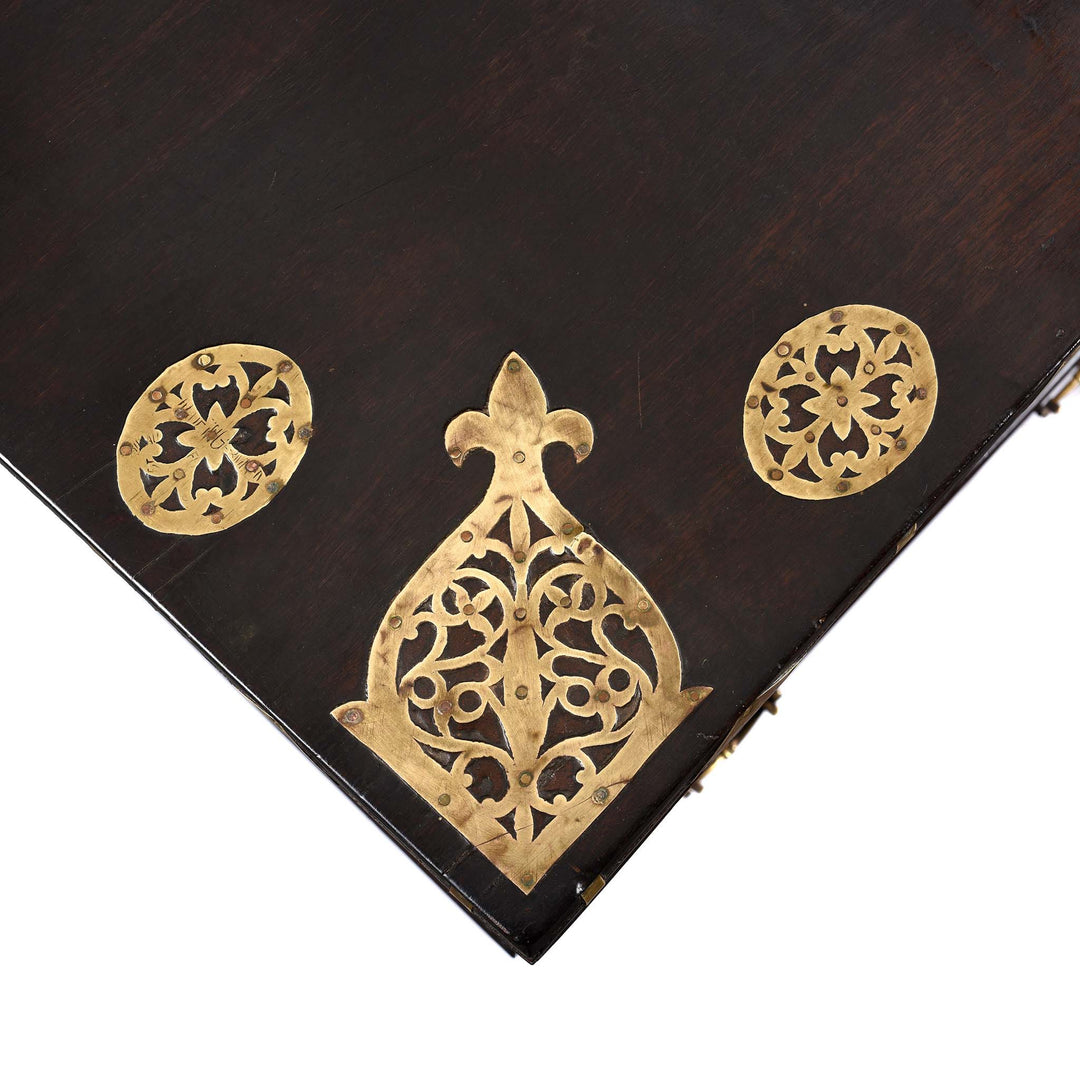 Top Corner Detailing From Carved Rosewood & Brass Bound Chest From Kutch - 19thC | Indigo Antiques