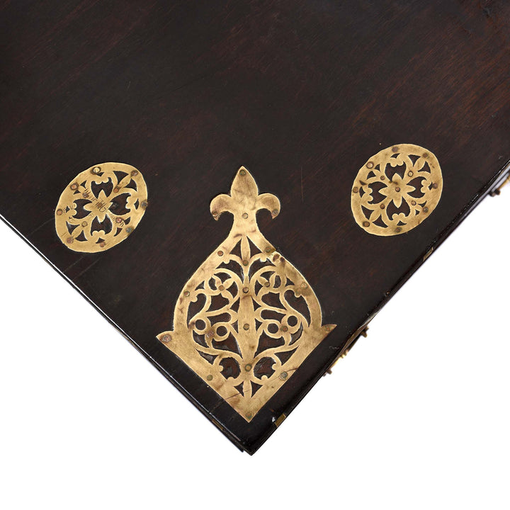 Top Corner Detailing From Carved Rosewood & Brass Bound Chest From Kutch - 19thC | Indigo Antiques
