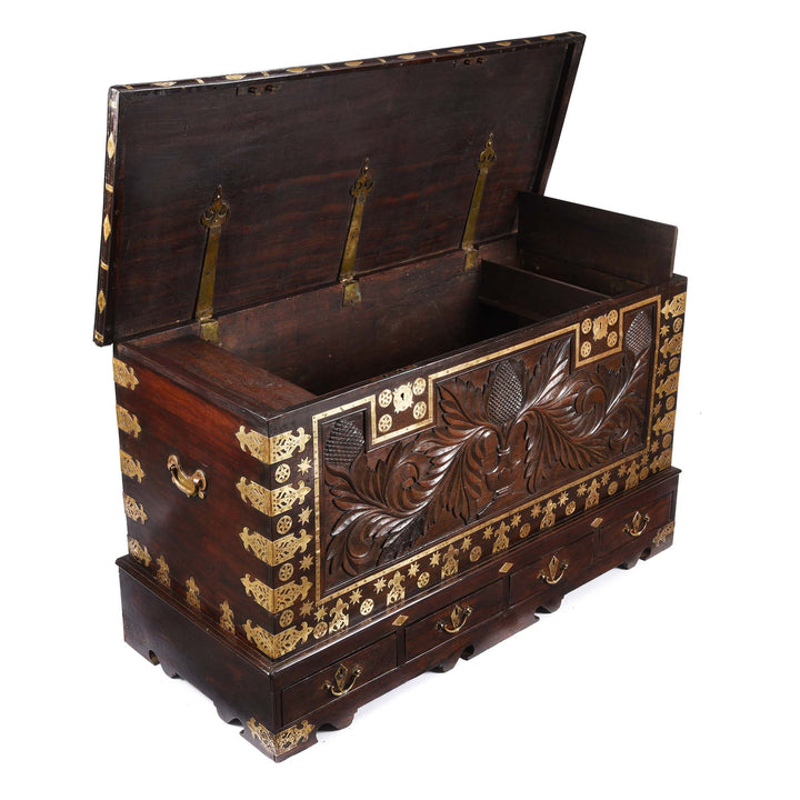 Open Lid Detail From Carved Rosewood & Brass Bound Chest From Kutch - 19thC | Indigo Antiques