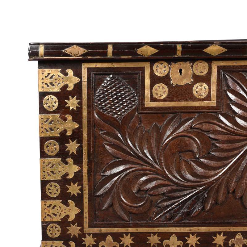 Corner Detail From Carved Rosewood & Brass Bound Chest From Kutch - 19thC | Indigo Antiques