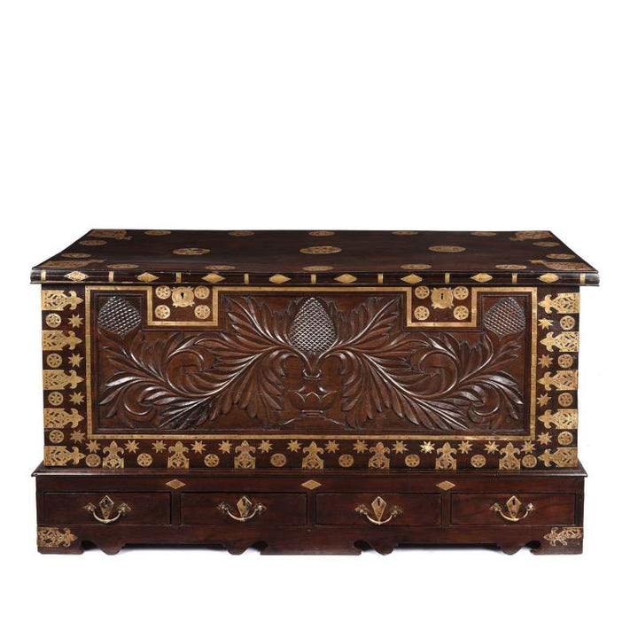 Carved Rosewood & Brass Bound Chest From Kutch - 19thC | Indigo Antiques