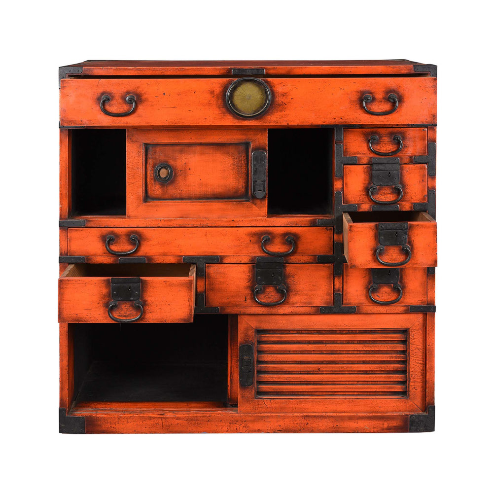 Open Drawers View Of Orange Painted Japanese Choba Dansu - Taishō Period | Indigo Antiques