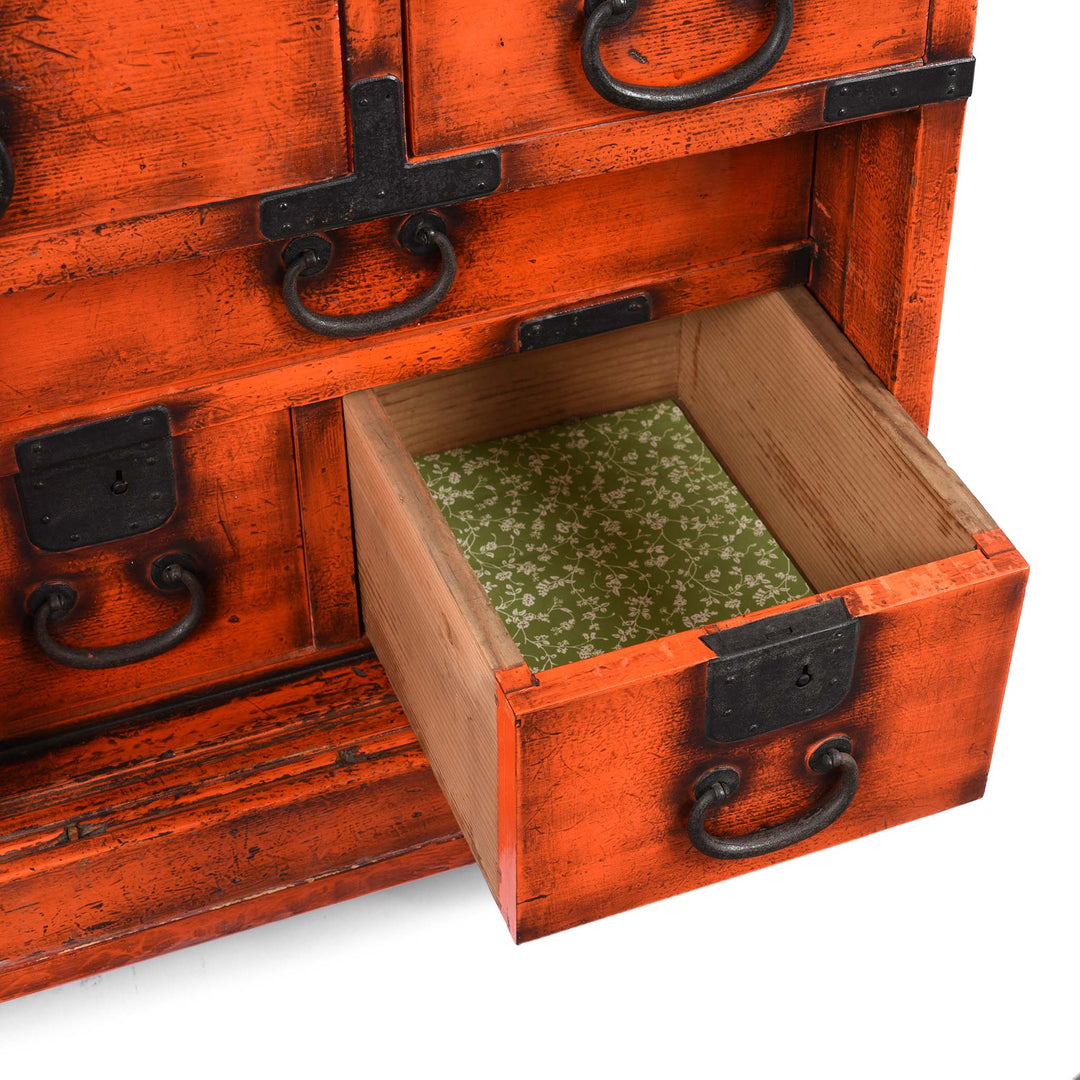 Drawer Detail From Orange Painted Japanese Choba Dansu - Taishō Period | Indigo Antiques