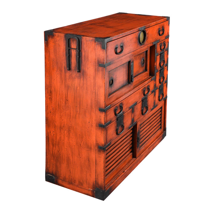 Angled View Of Orange Painted Japanese Choba Dansu - Taishō Period | Indigo Antiques